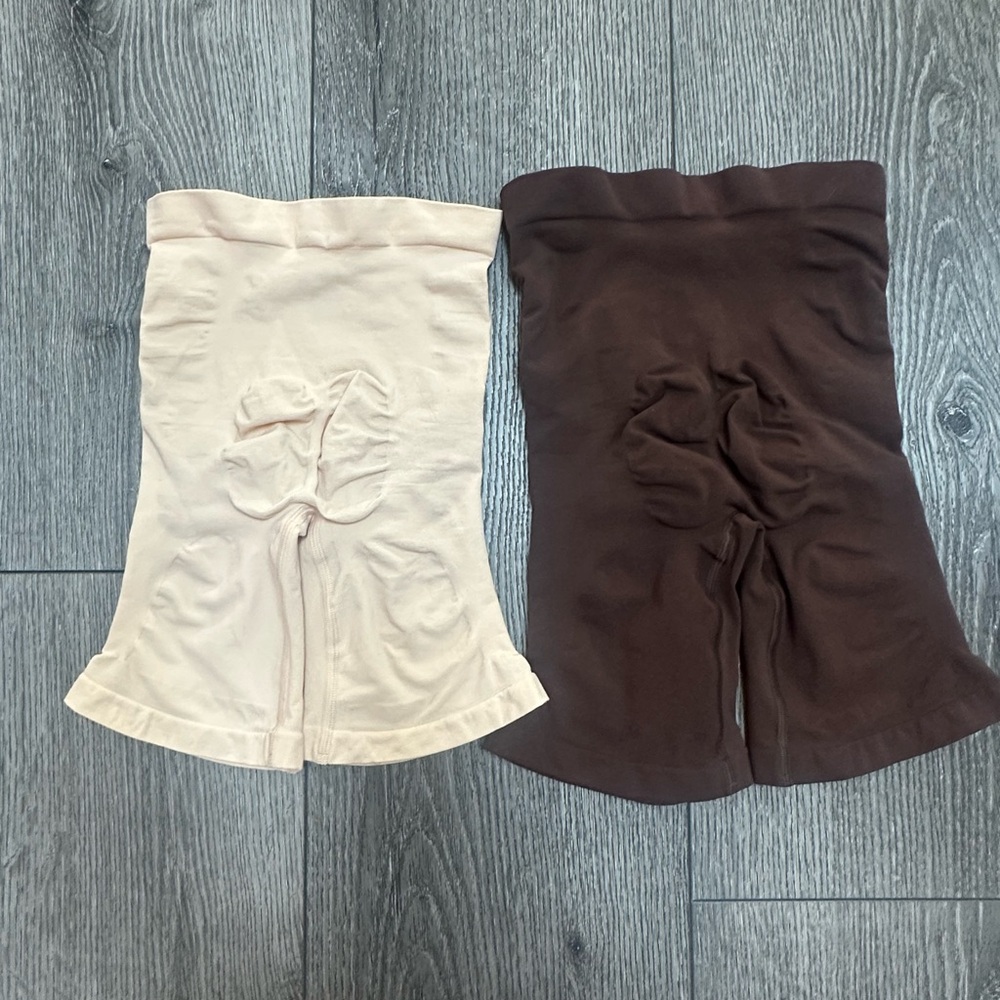 SKIMS Nude & Chocolate Brown High-Waist Shaping Shorts Pair